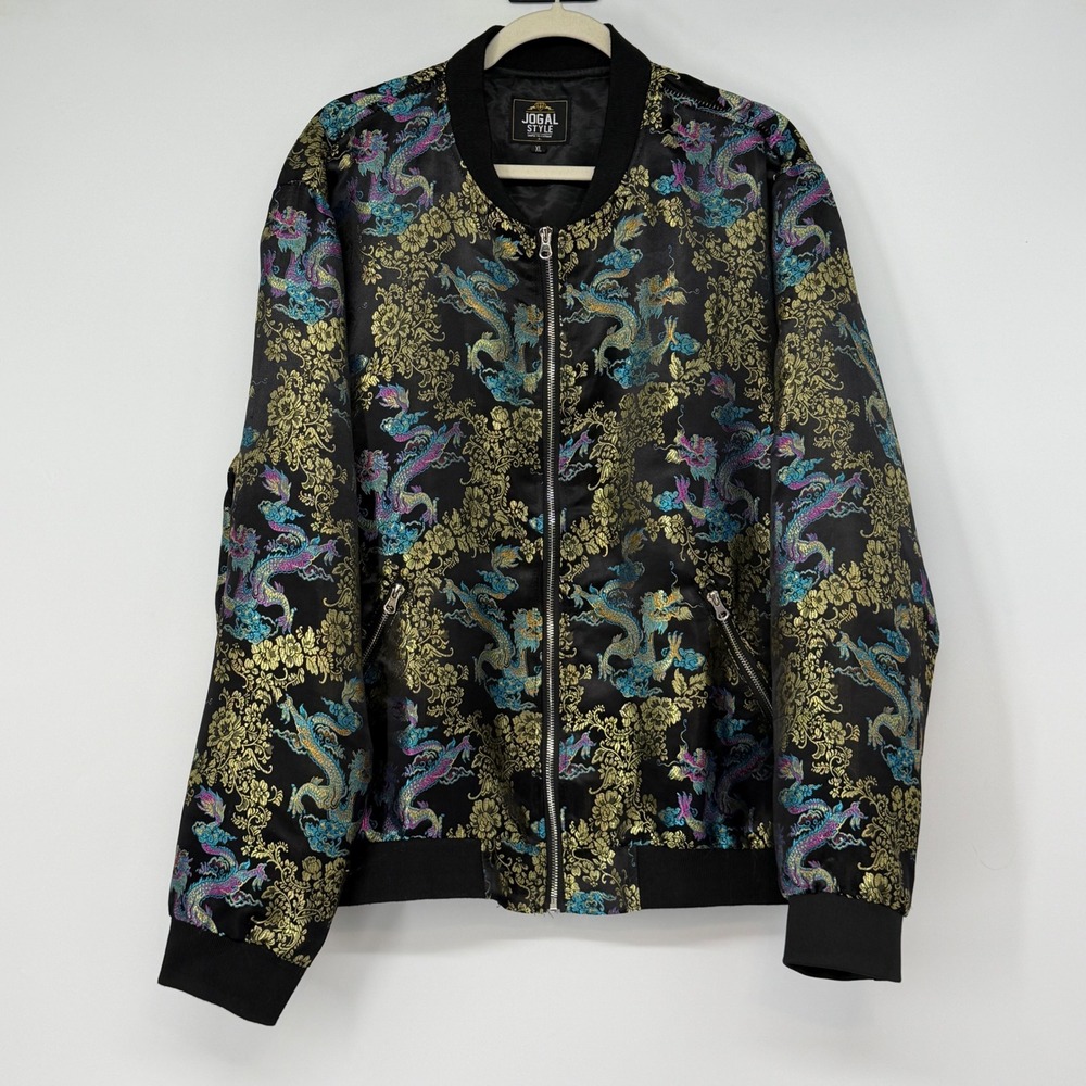 Jogal Style Mens XL Dragon Brocade Bomber Jacket Black Gold Blue